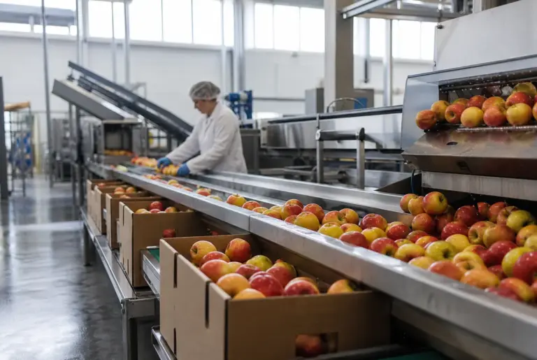 Äpfel laufen über eine Sortierlinie und werden in Kartongebinde verpackt