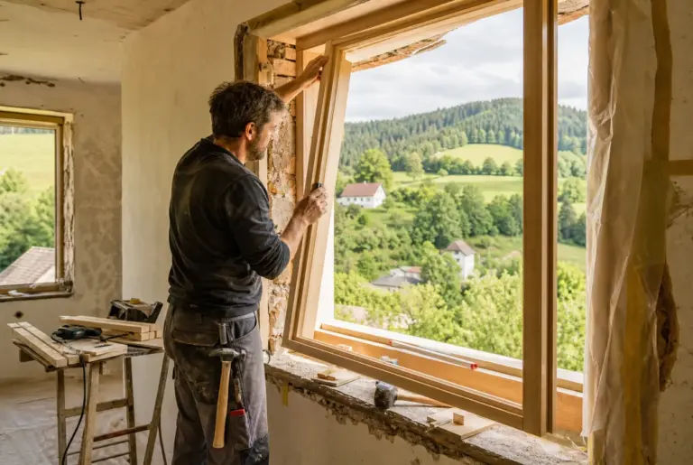 Handwerker baut ein neues Holzfenster in ein saniertes Einfamilienhaus in der Steiermark ein