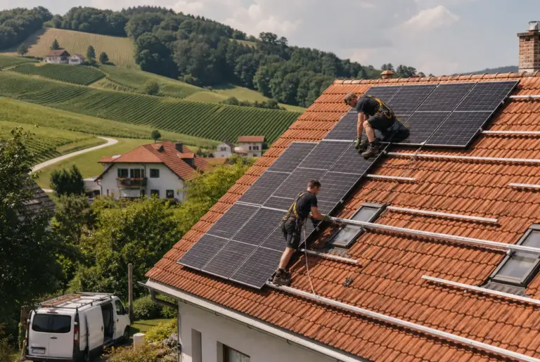 Zwei Monteure montieren Photovoltaikmodule auf dem Ziegeldach eines Hauses in der Südsteiermark
