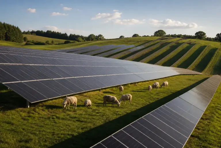 Freiflaechen-Photovoltaikanlage mit weidenden Schafen zwischen den Modulreihen