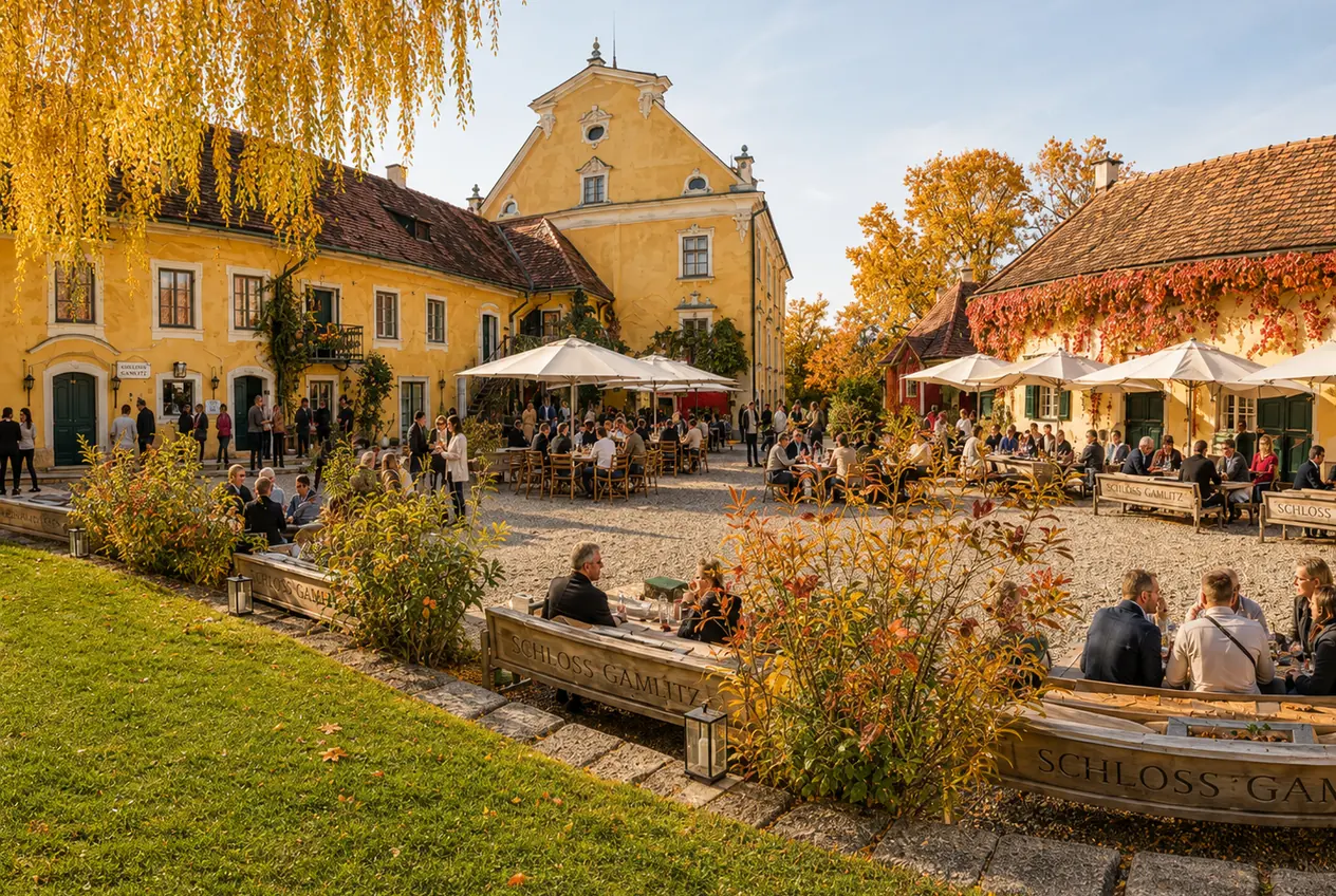 Belebter Schlosshof von Schloss Gamlitz mit Gästen an Tischen und Bänken, gelber Barockbau im Herbstlicht