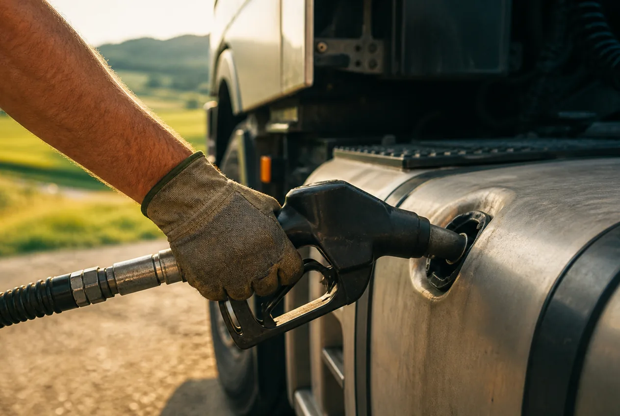Zapfpistole am Tank eines Lastwagens vor sommerlicher Landschaft in der Steiermark