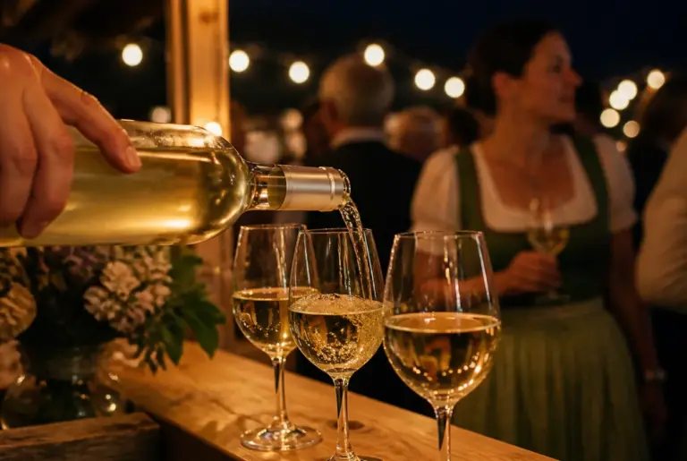 Weißwein wird an einem Weinstand in Gläser eingeschenkt, im Hintergrund Gäste bei Lichterketten