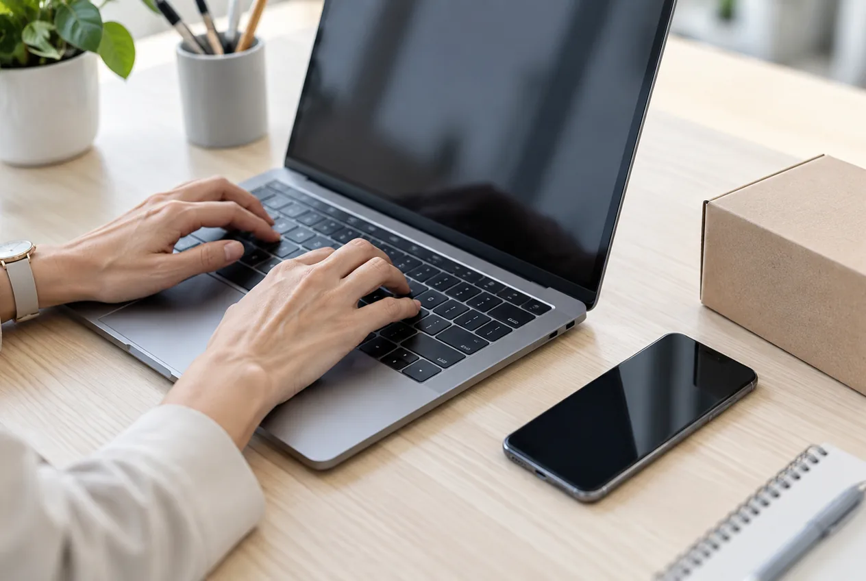 Haende tippen auf einem Laptop, daneben ein Smartphone und ein Versandkarton