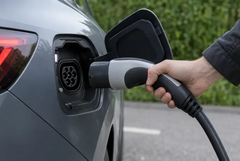 Hand steckt einen Typ-2-Ladestecker in den Ladeanschluss eines Elektroautos