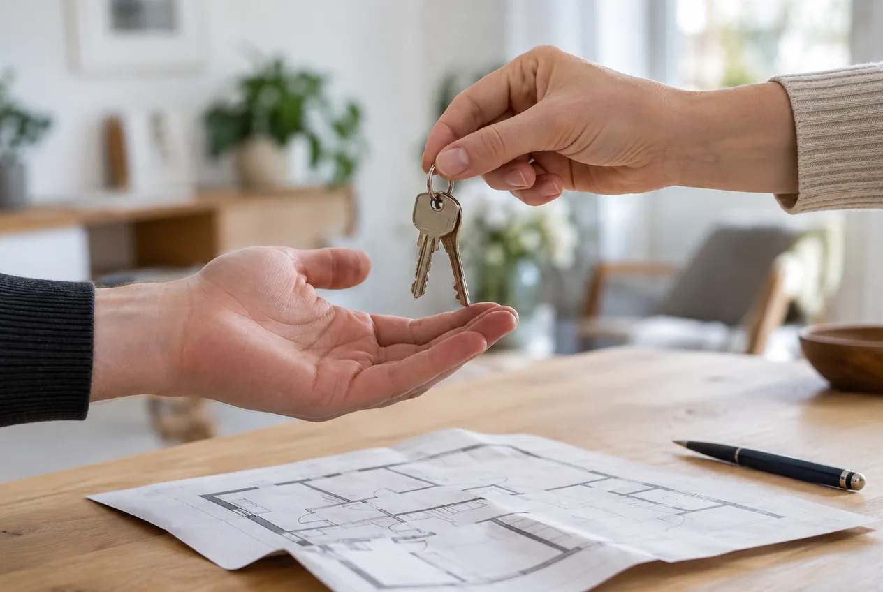Übergabe eines Wohnungsschlüssels über einem Tisch mit Grundrissplan