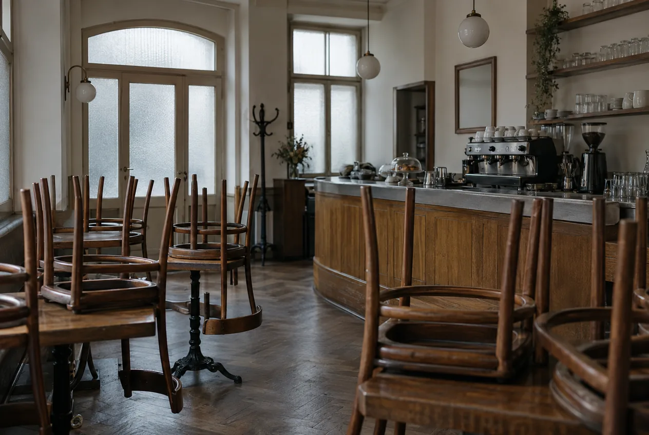 Geschlossenes Kaffeehaus am Morgen, Stühle hochgestellt auf den Tischen