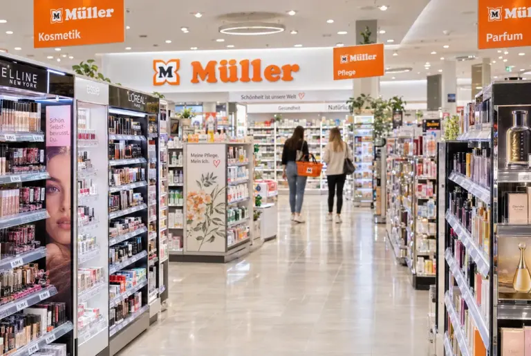 Innenraum einer Müller-Drogerie mit Regalen für Kosmetik und Parfüm
