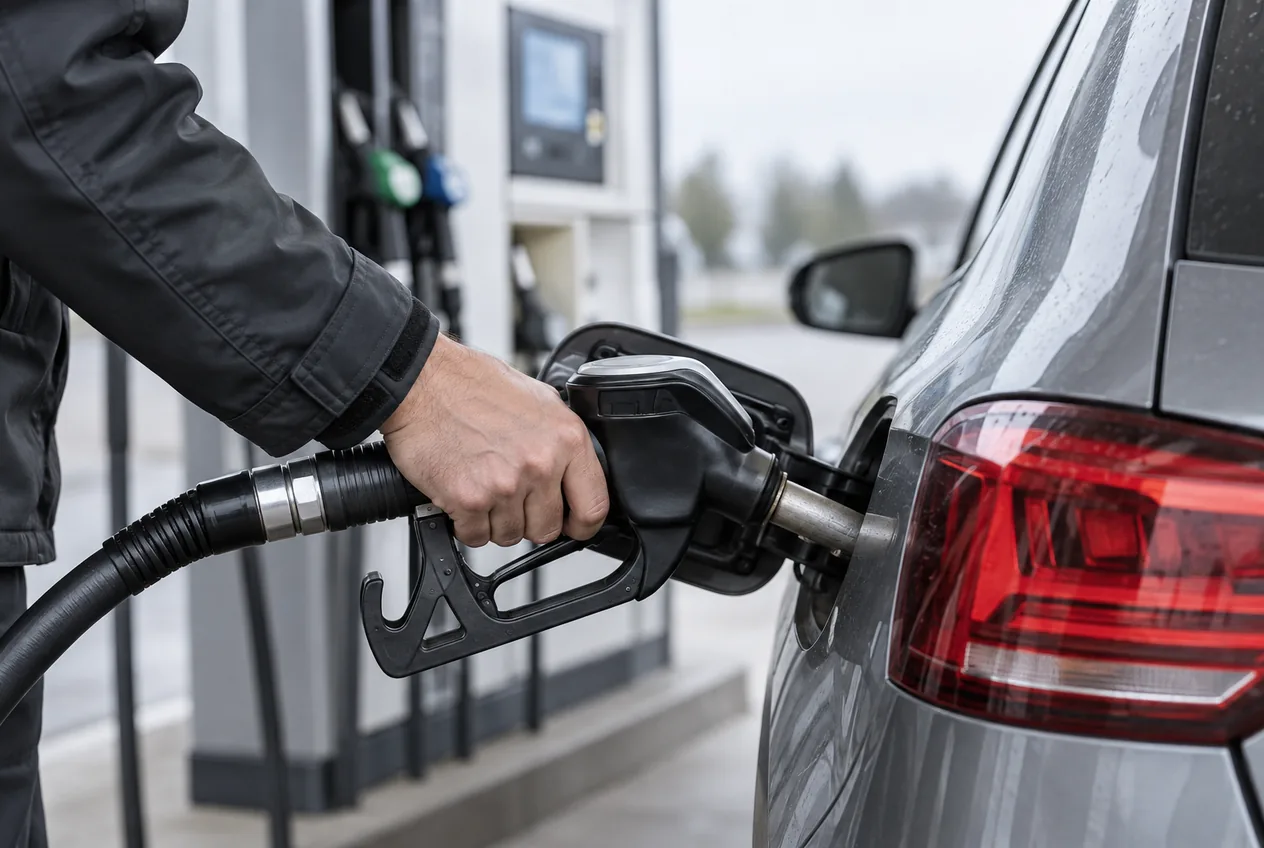 Hand mit Zapfpistole beim Tanken eines grauen Autos an einer Tankstelle