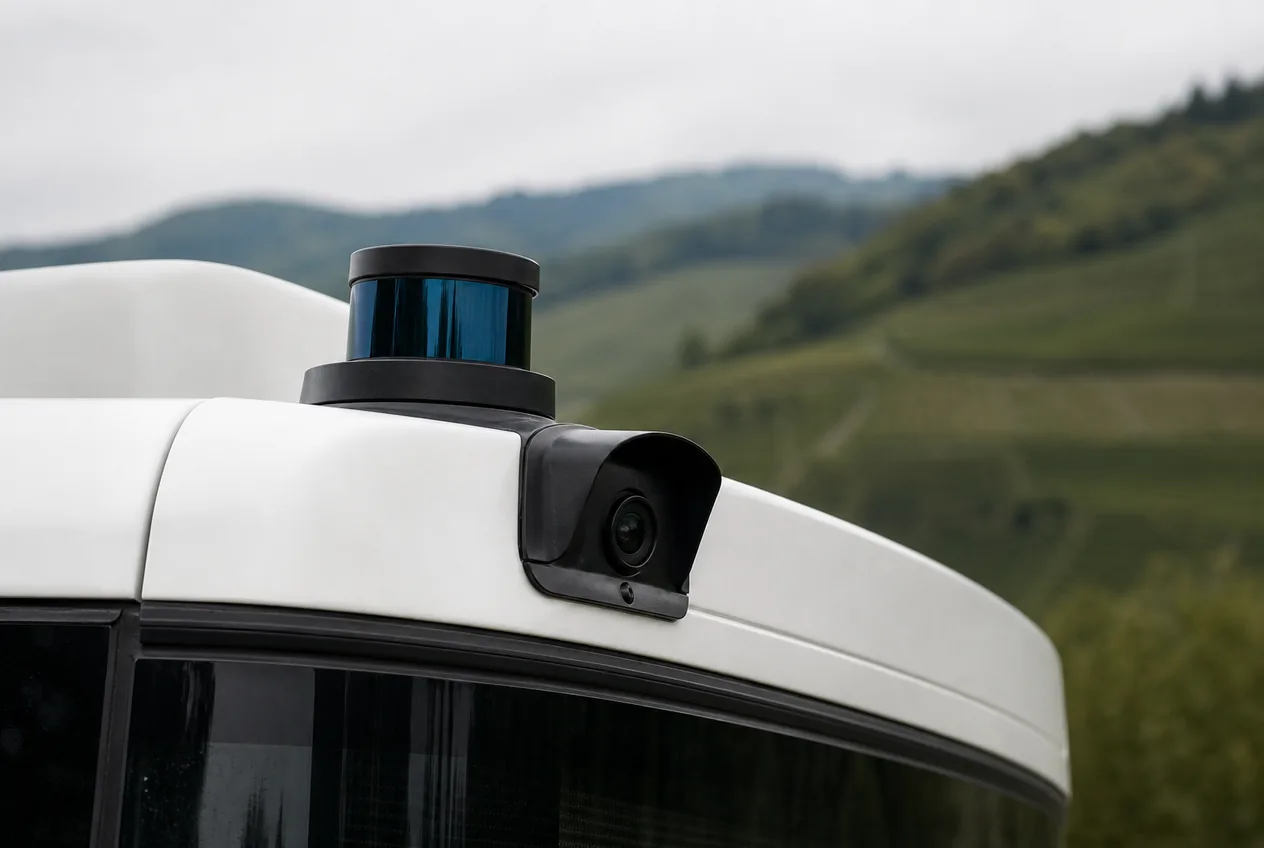 Lidar-Sensor und Kamera auf dem Dach eines weissen Elektrobusses vor weststeirischen Huegeln