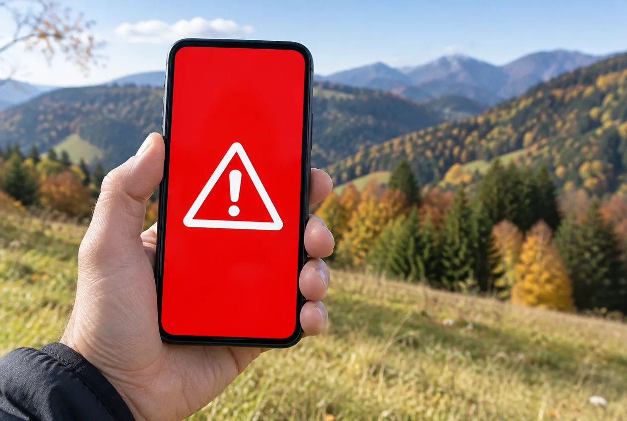 Hand hält ein Smartphone mit rotem Warnsymbol vor einer herbstlichen Hügellandschaft