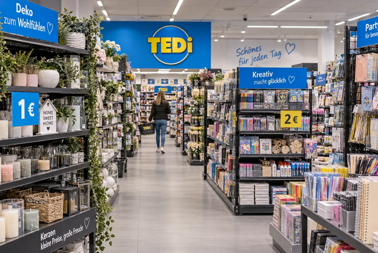 Innenraum einer TEDi-Filiale mit Regalen für Deko, Schreibwaren und Partyartikel