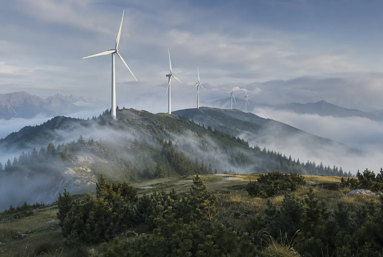 Windkraftanlagen auf einem nebelverhangenen Bergrücken in den steirischen Alpen