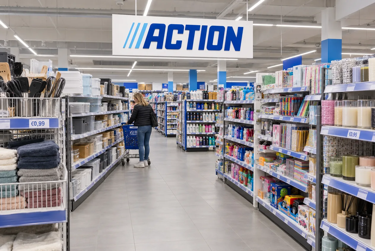 Gang in einer Action-Filiale mit Aufbewahrungsboxen, Handtüchern, Bastelbedarf und Kerzen in niedrigen Regalen