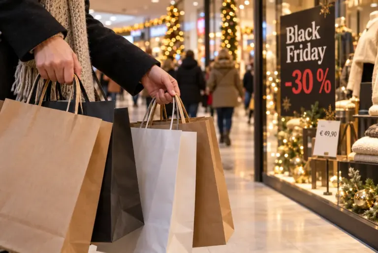 Hände tragen mehrere Einkaufstaschen aus Papier vor einem Schaufenster mit Black-Friday-Plakat in einem weihnachtlich beleuchteten Einkaufszentrum