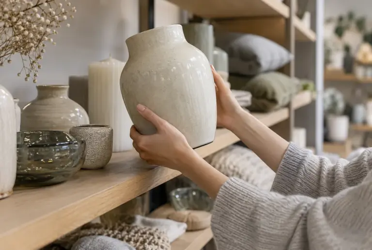 Hände heben eine helle Keramikvase aus einem Regal mit Kerzen, Vasen und Polstern in einem Deko-Geschäft