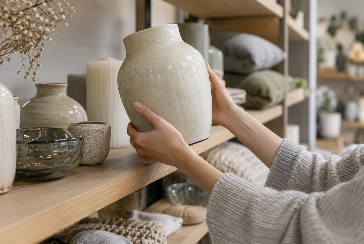 Hände heben eine helle Keramikvase aus einem Regal mit Kerzen, Vasen und Polstern in einem Deko-Geschäft