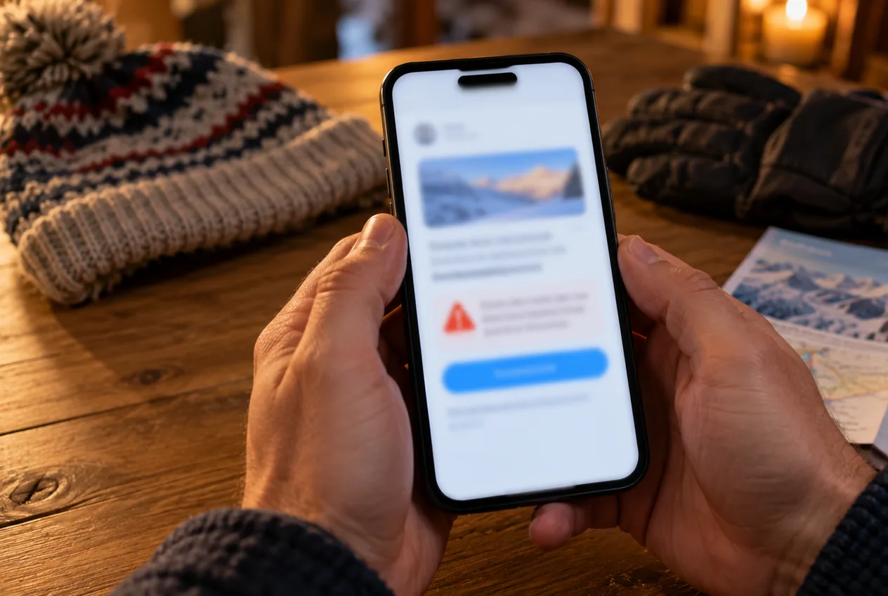 Hände halten ein Smartphone mit einer verdächtigen Buchungsnachricht und Warnsymbol, daneben Wollmütze, Skihandschuhe und ein Reiseprospekt auf einem Holztisch