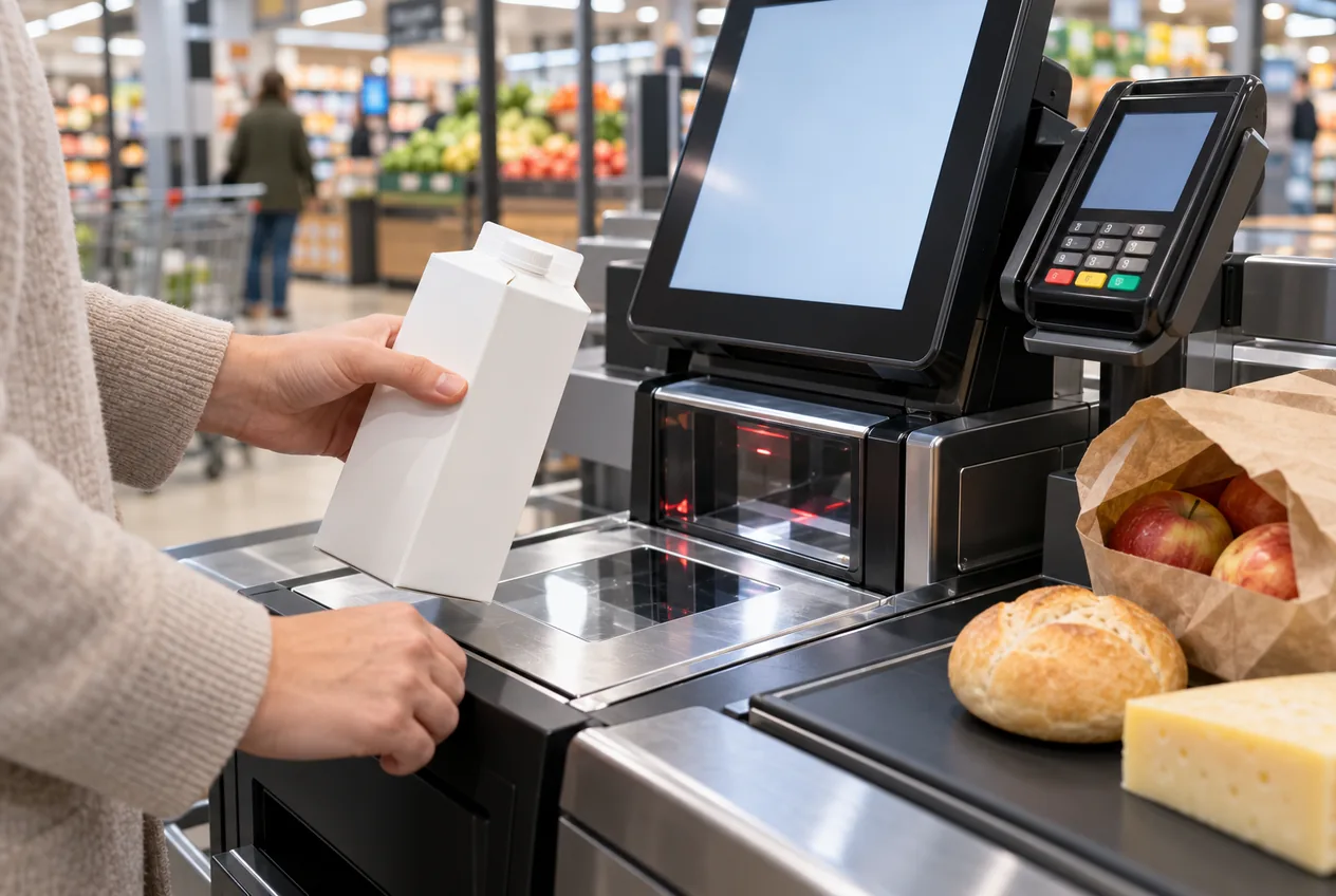 Milchpackung wird an einer Selbstbedienungskasse im Supermarkt gescannt
