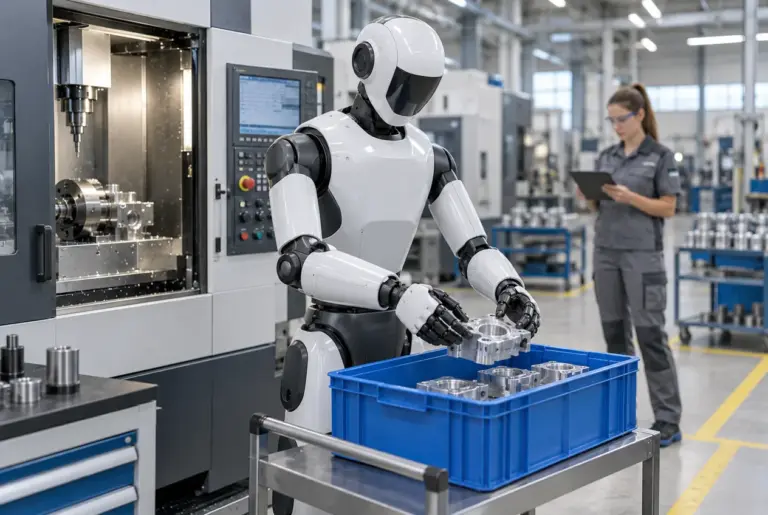 Humanoider Roboter legt ein Werkstück in einen Transportbehälter neben einer CNC-Maschine
