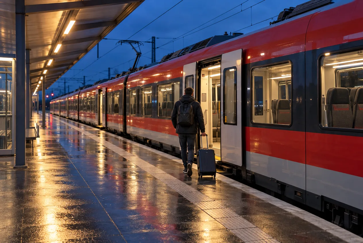 Reisender mit Rollkoffer steigt in der Morgendämmerung in einen roten Regionalzug