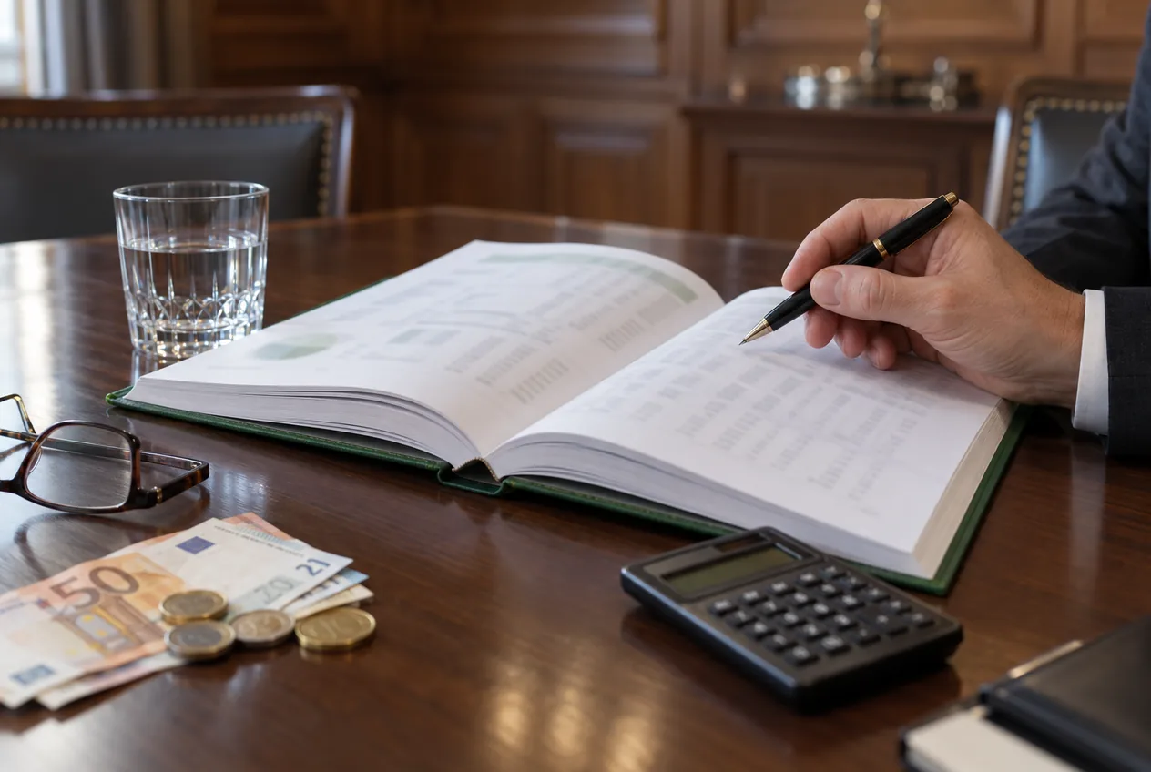 Aufgeschlagener Budgetband mit Taschenrechner und Eurogeld