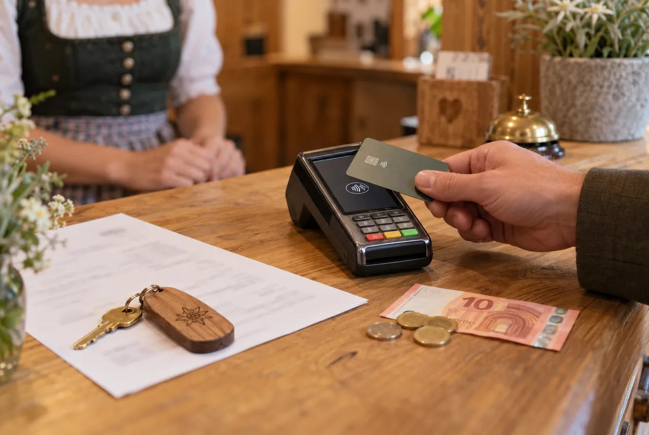 Gast bezahlt an einer Hotelrezeption mit Karte