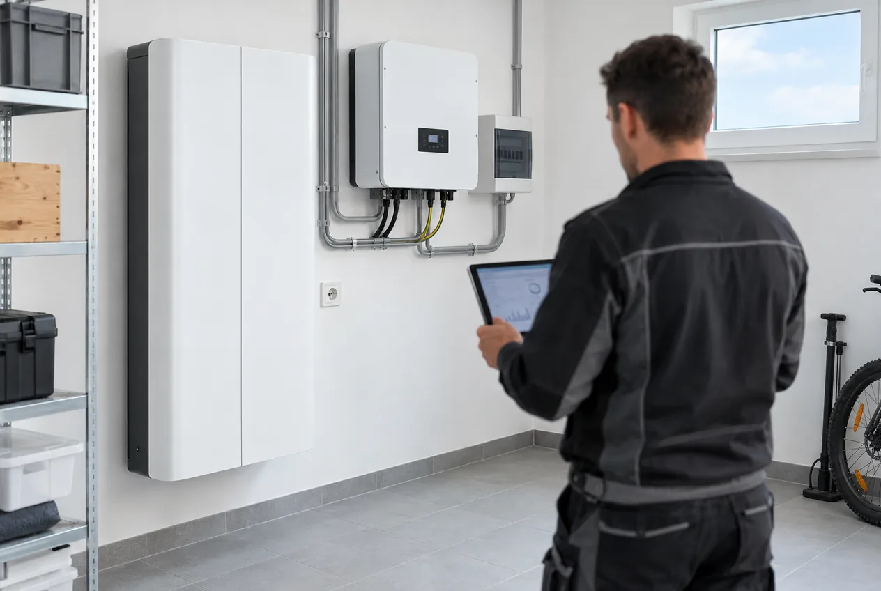 Elektriker prüft Stromspeicher und Wechselrichter einer Photovoltaik-Anlage