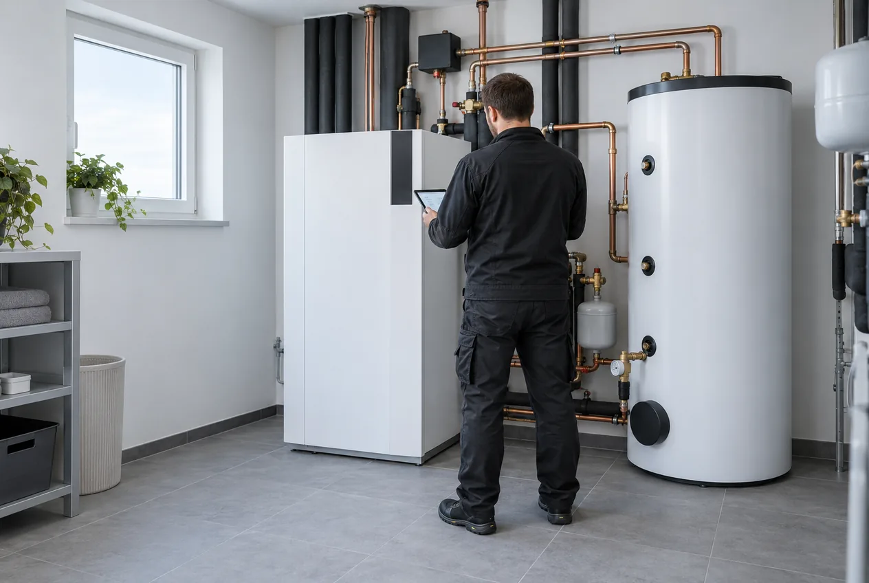 Installateur prüft eine neue Wärmepumpe und einen Warmwasserspeicher im Technikraum
