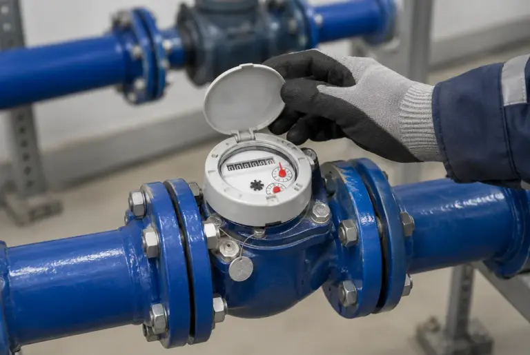 Hand mit Arbeitshandschuh liest einen Wasserzähler an einer blauen Rohrleitung ab