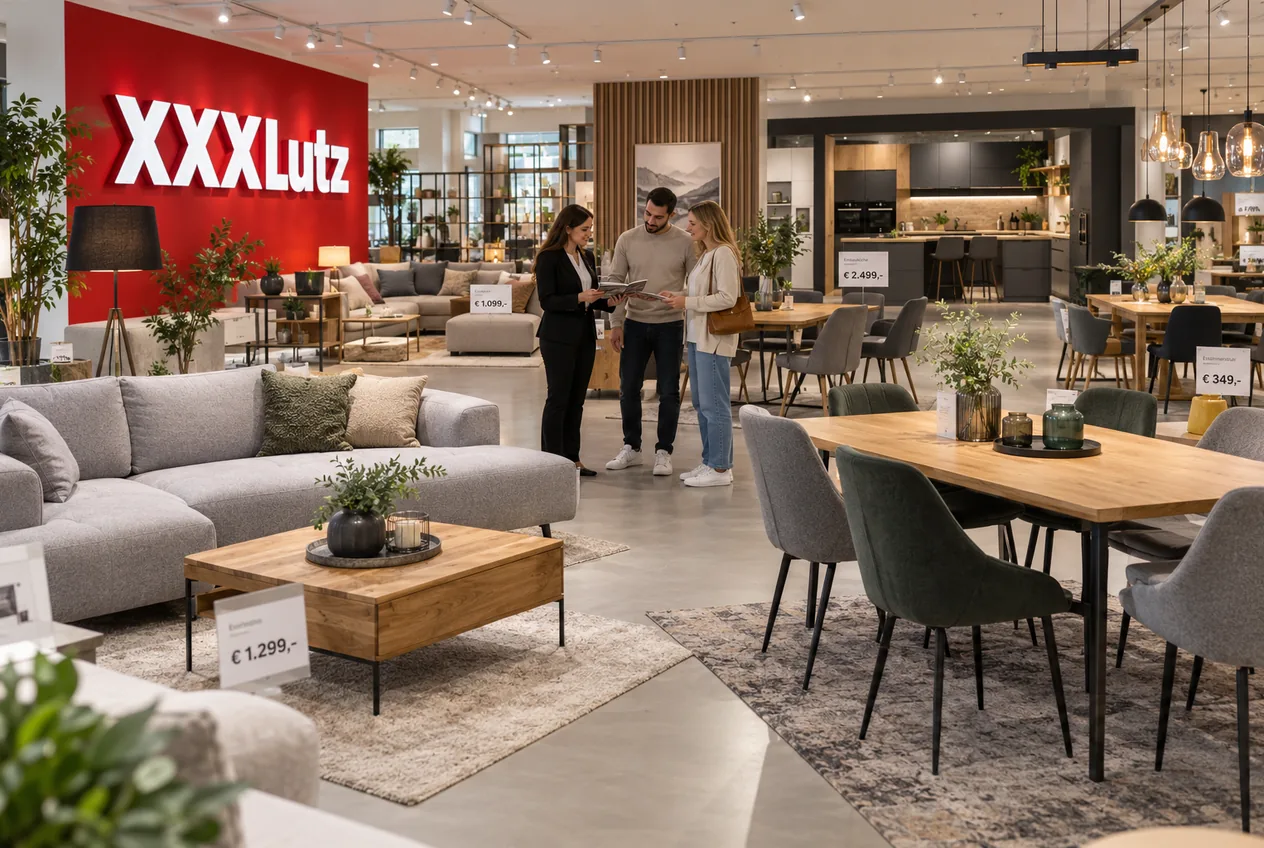 Beratungsgespräch in der Möbelausstellung eines XXXLutz-Einrichtungshauses zwischen Sofas und Esstischen